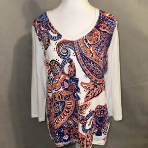 Chicos 1 Medium Knit Top 3/4 Sleeve Knit V-Neck Paisley White